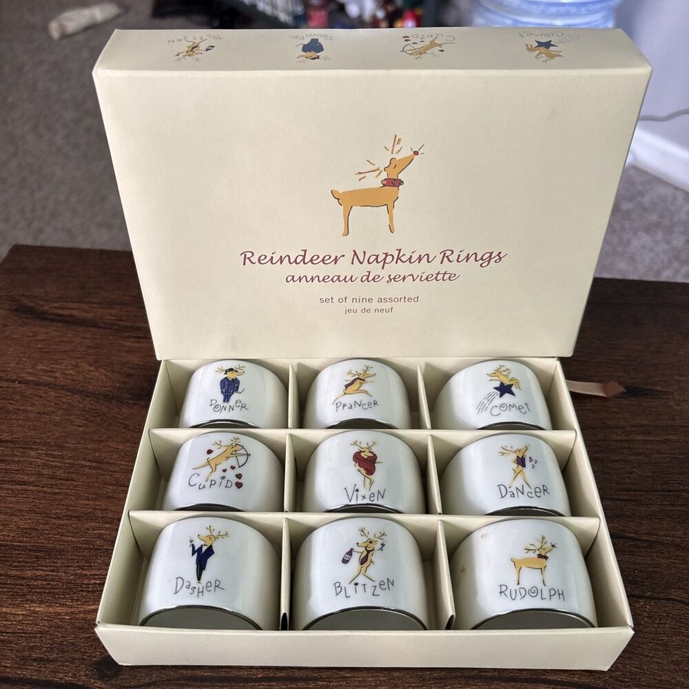 Pottery Barn REINDEER Set of 9 Napkin Rings A+ CONDITION in Box